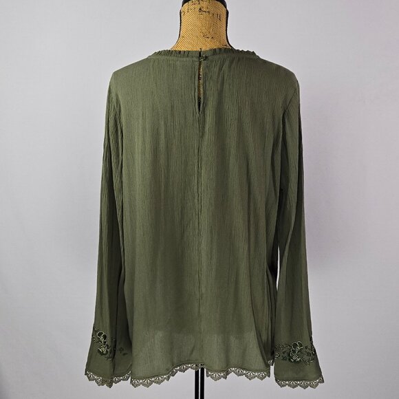 Olive Green Lace Trim Embroidered Blouse Time and Tru L Boho Festival - Picture 3 of 13